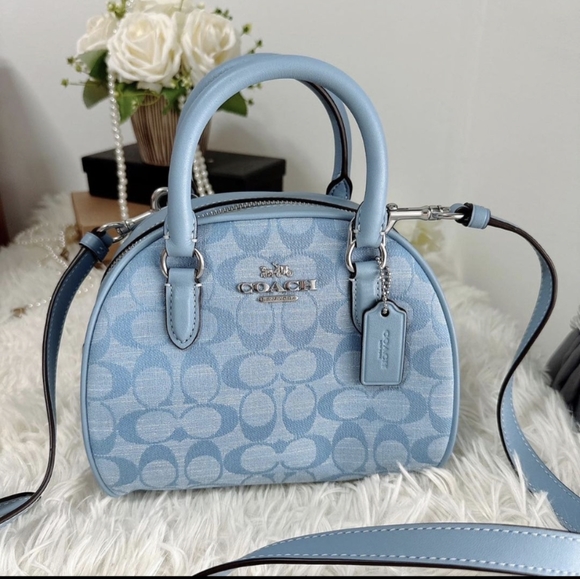 COACH CH140 Sydney Satchel Bag In Signature Chambray &Leather Cornflower Blue - Picture 3 of 7